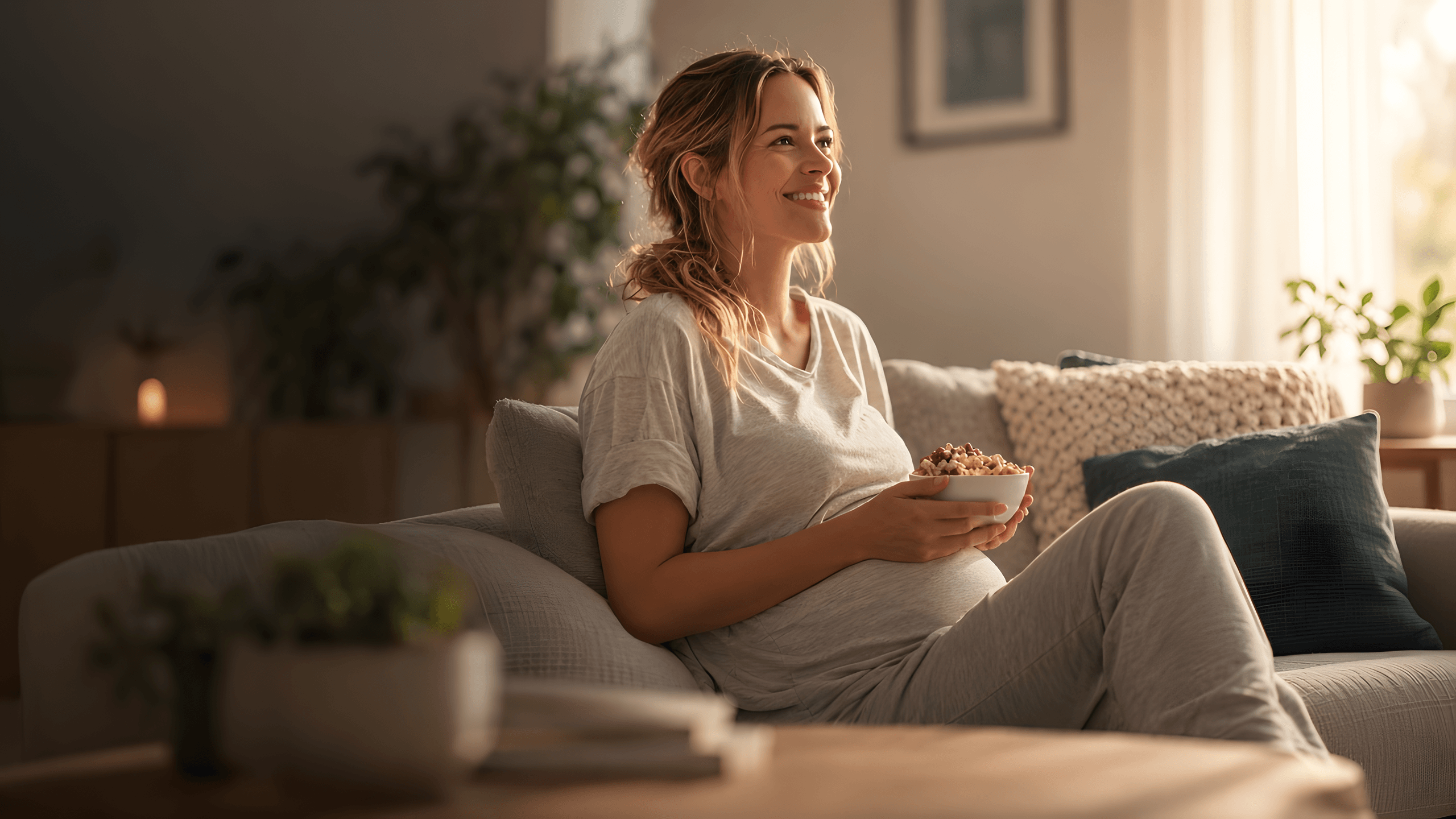 A pregnant woman sitting on a sofa at home, holding a bowl of food.